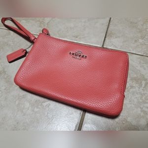 Coral Coach Double-Pocket Wristlet, Pebbled Leather